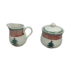 Gibson Christmas Creamer & Sugar Set Ceramic Red/Green Holiday Dishwasher Safe
